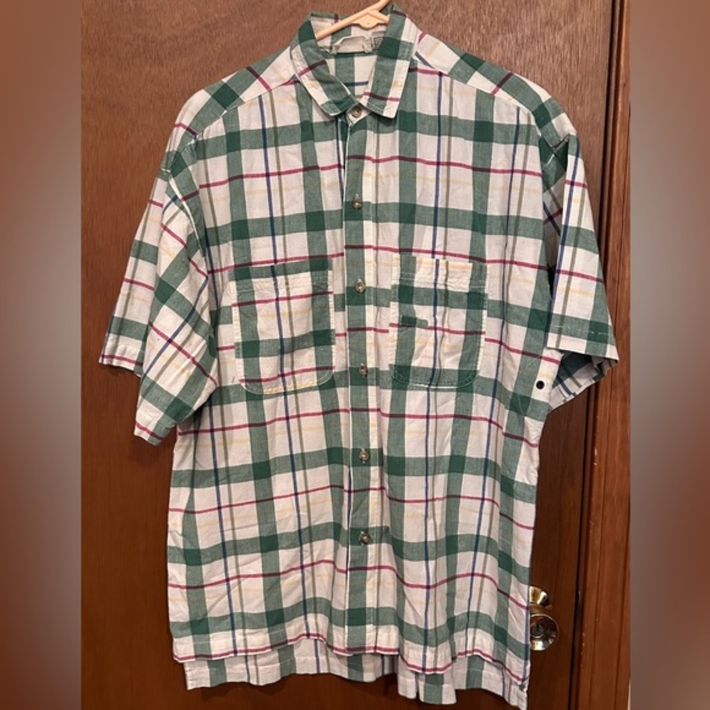 Tobruk Button Down‎ Short Sleeve Green Red Blue Plaid Shirt Size L 100% Cotton